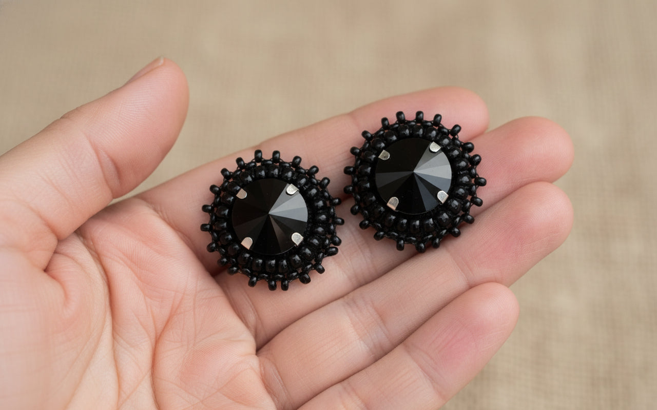 Black Crystal Halo Stud Earrings