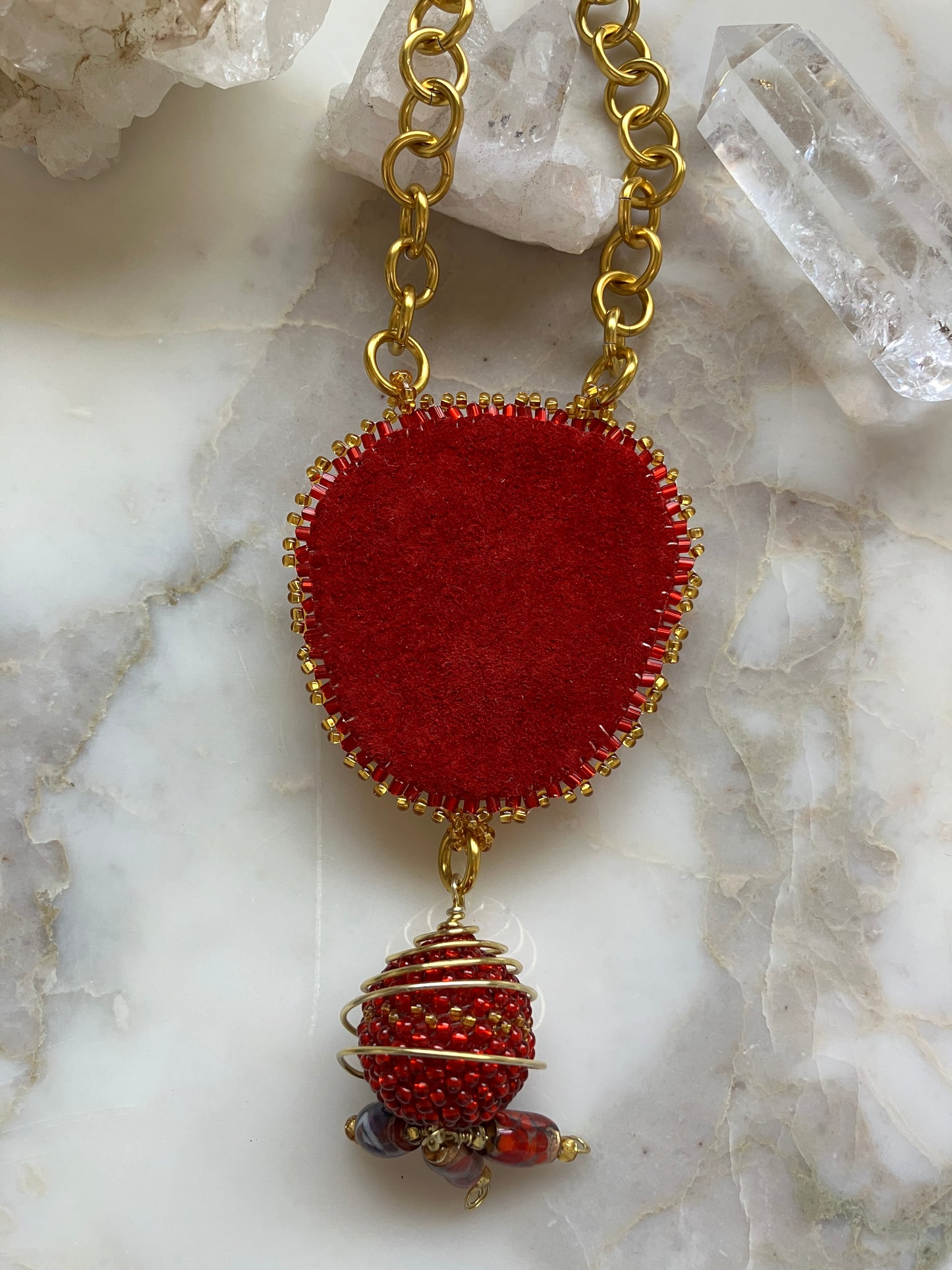 Red and Gold Necklace with Cup Chain and Ball Pendant