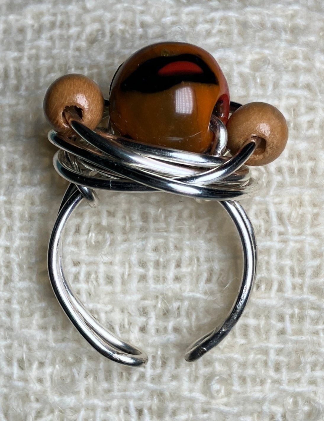 Brown, Orange, Red and Black Glass Bead with Wooden Beads Ring