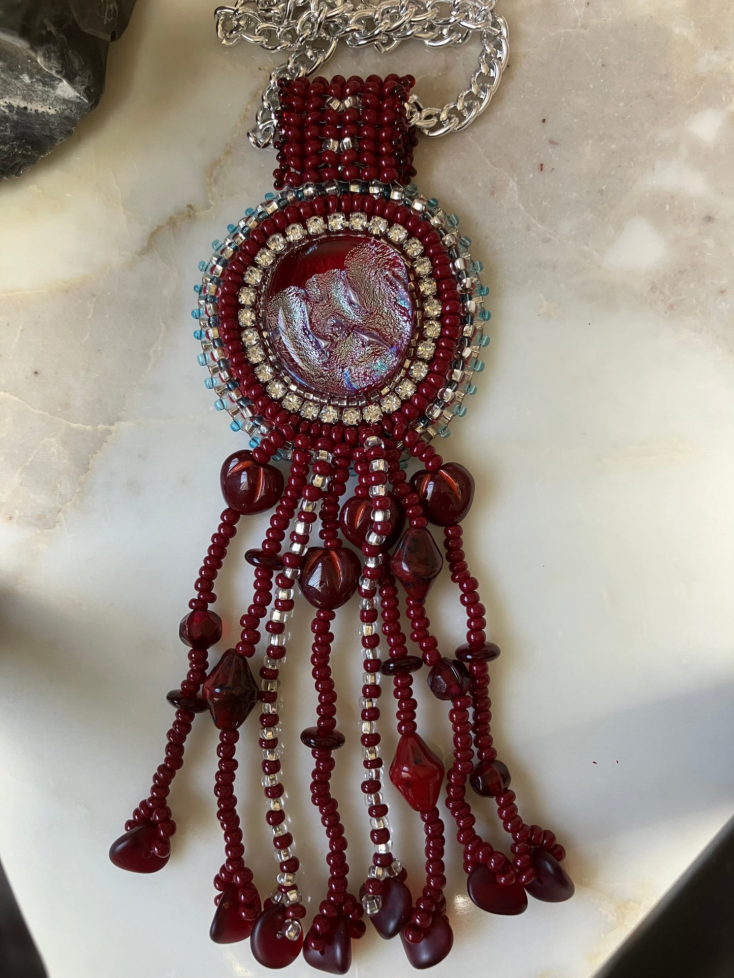 Silver and Maroon Serenity Beaded Necklace