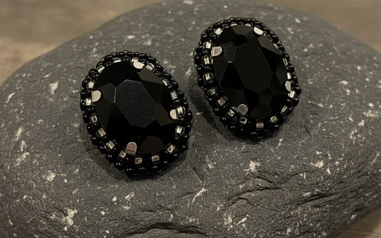 Black Faceted Stones with Silver and Black Beads