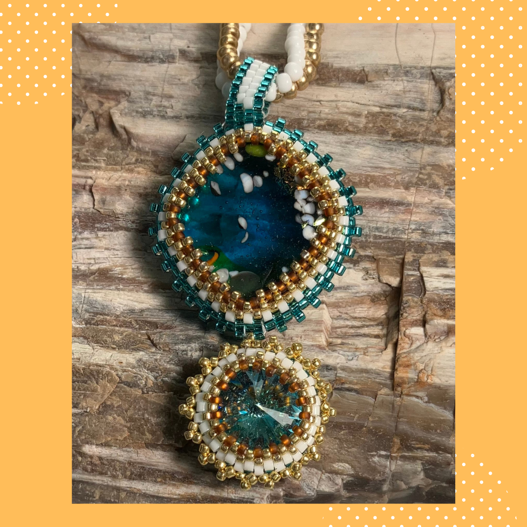 Aqua Rivoli and Cabochon with White and Gold Pendant
