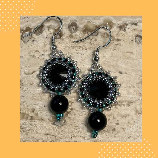 Black Rivoli, blue/green Drop Earrings