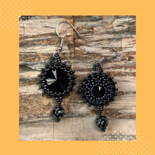 Black Rivoli with Snowflake Obsidian Bead Earrings (Front and Back View)