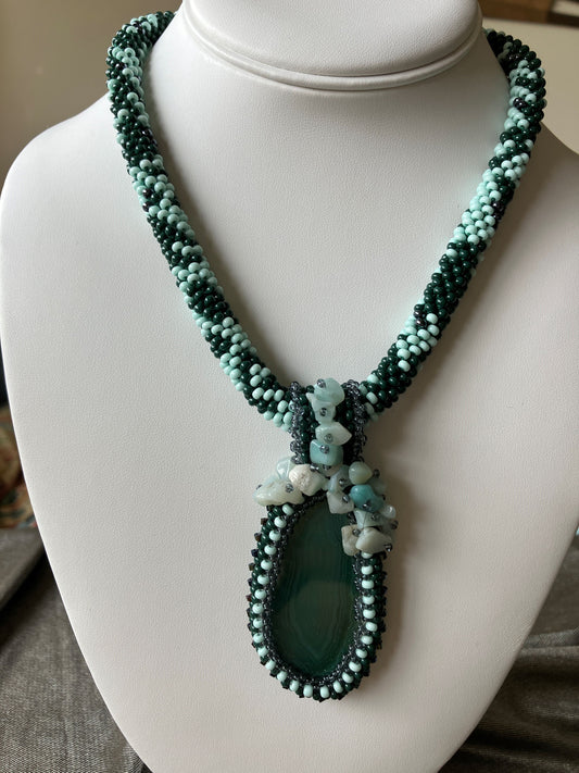 Brazilian Agate and Amazonite Chip Bead Crochet Necklace