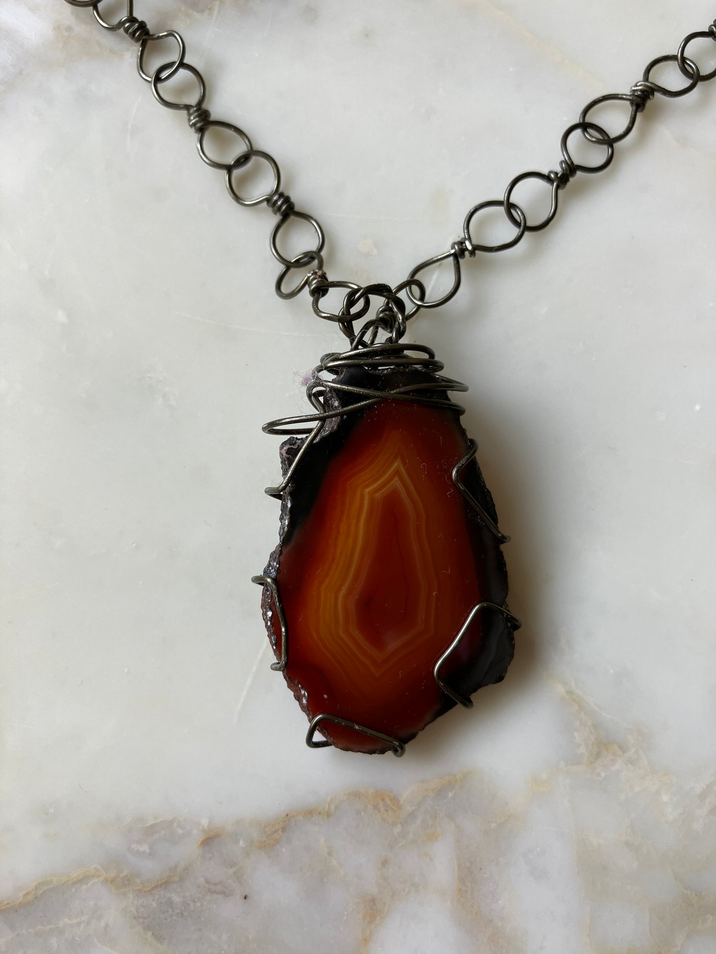 Brazilian Agate with Wire-Wrapped Chain Necklace