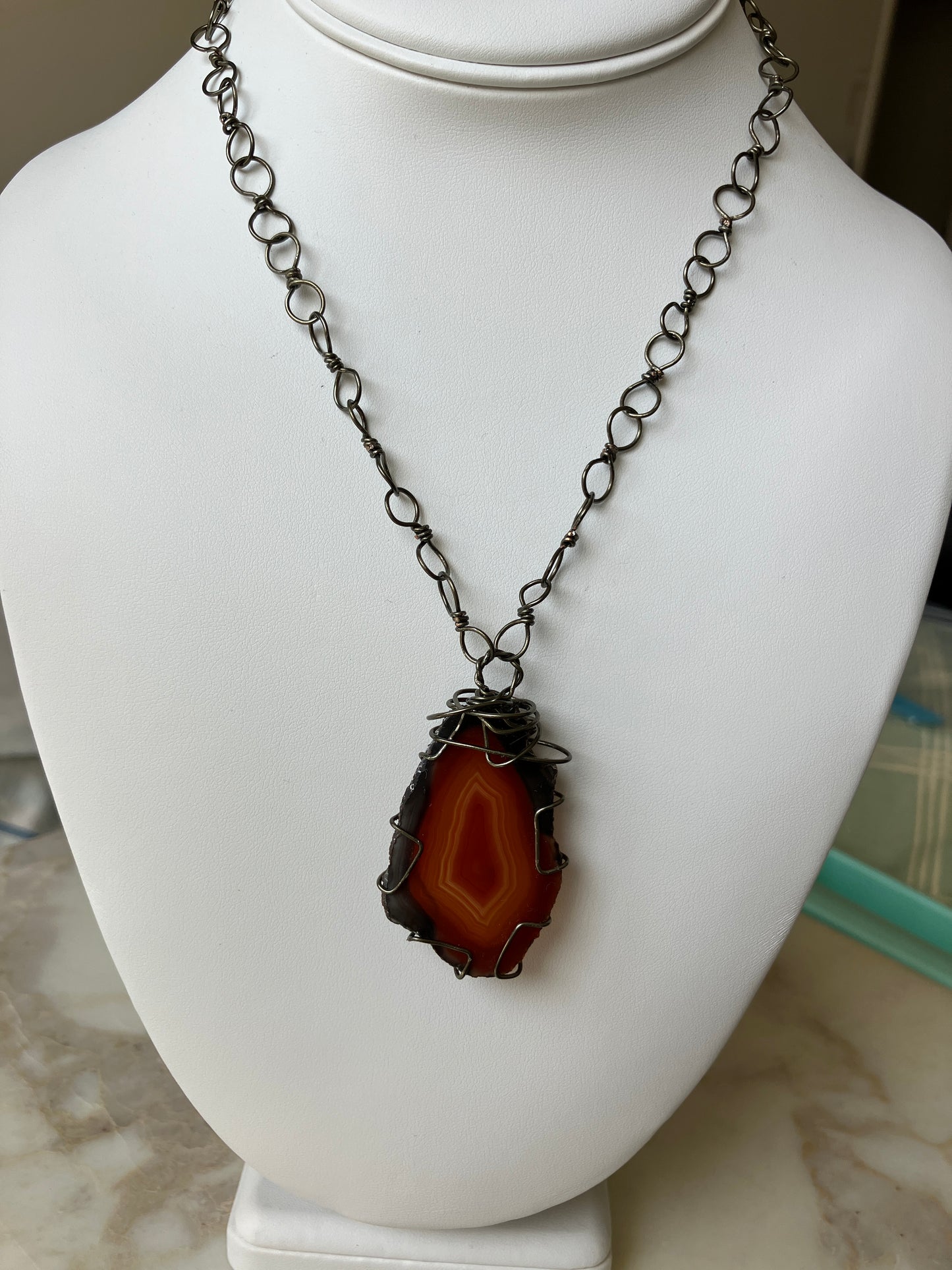 Brazilian Agate with Wire-Wrapped Chain Necklace