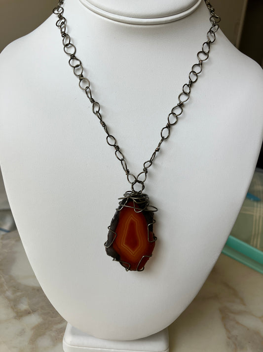 Brazilian Agate with Wire-Wrapped Chain Necklace