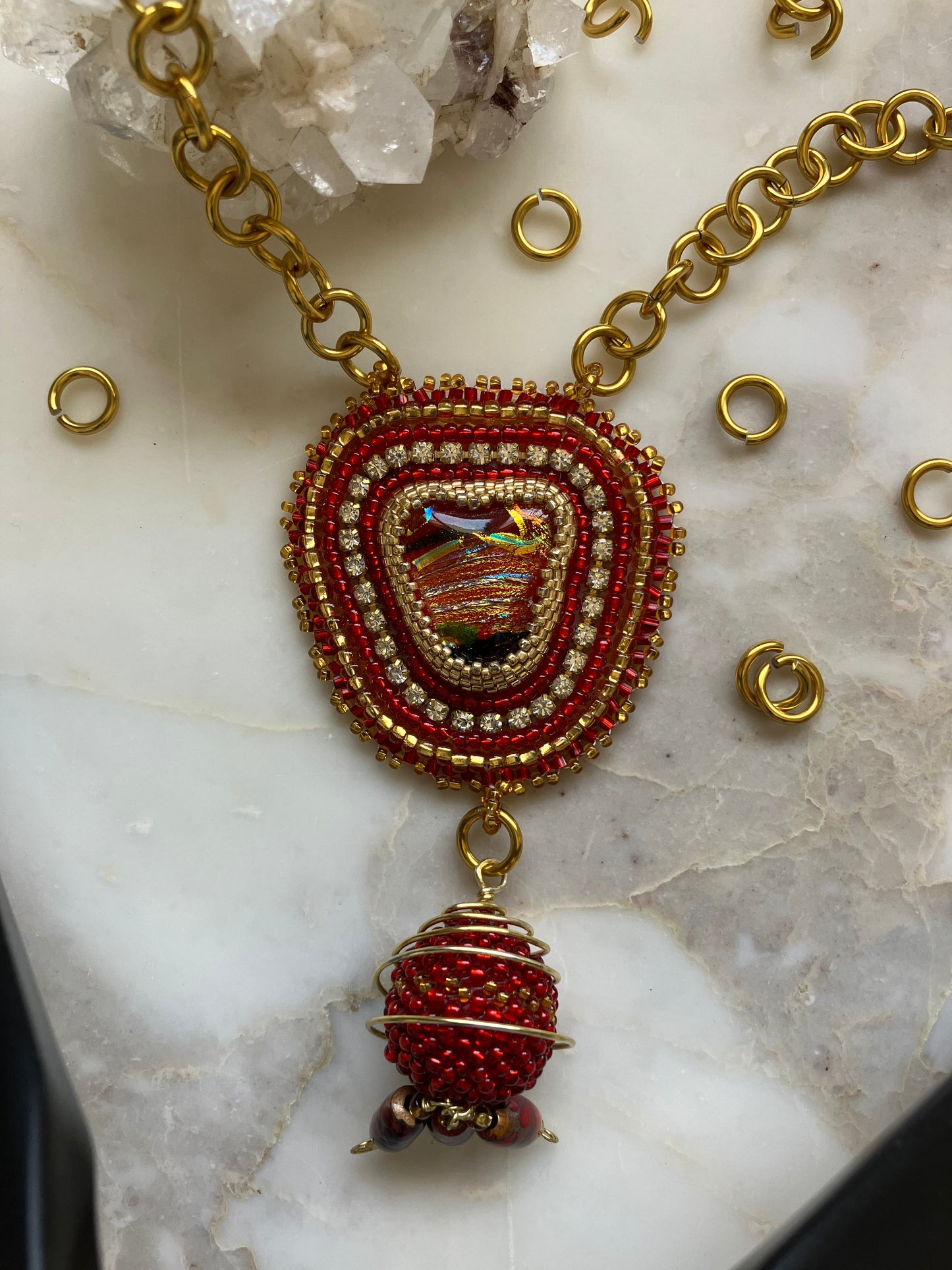 Red and Gold Necklace with Cup Chain and Ball Pendant