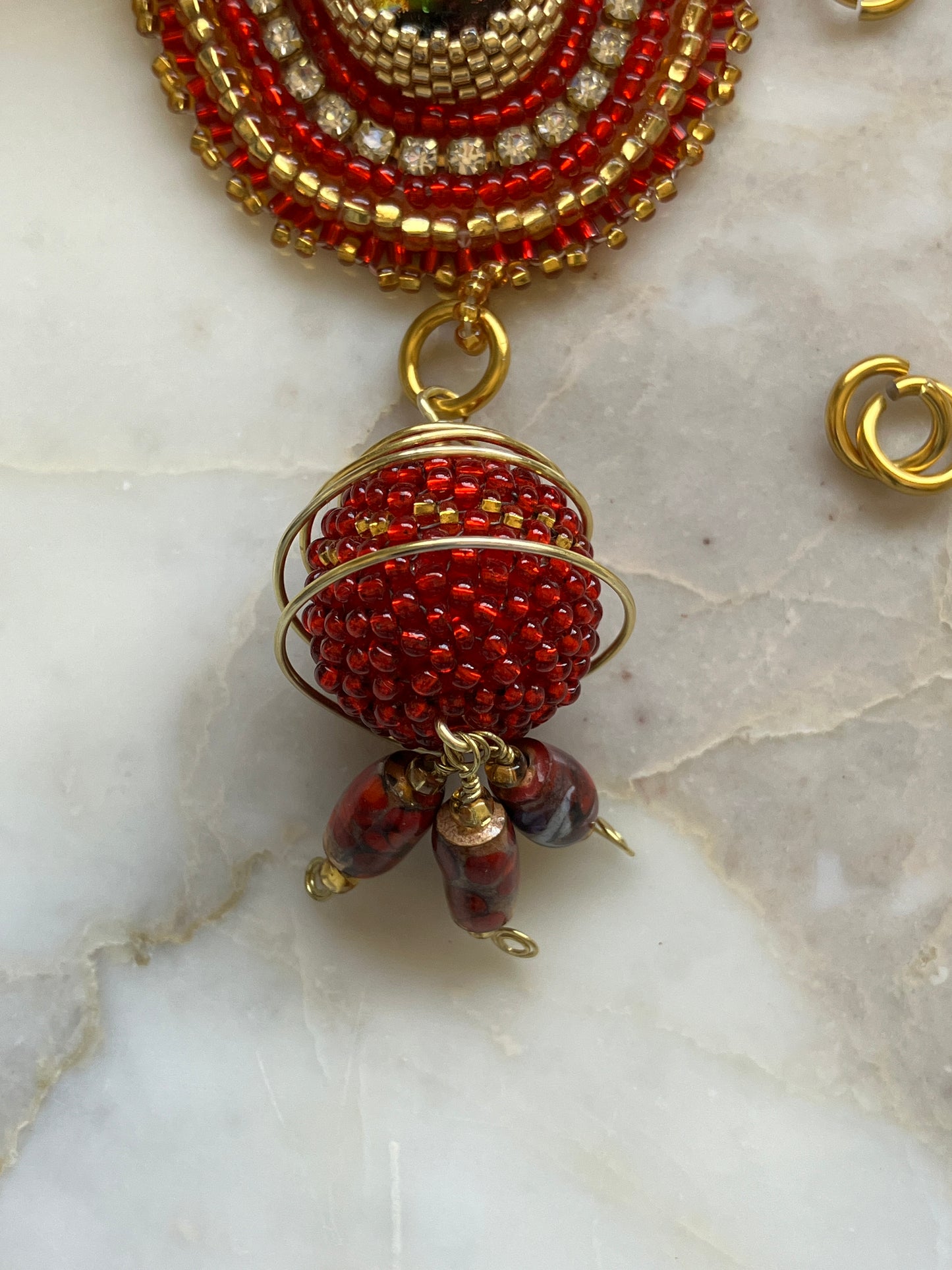Red and Gold Necklace with Cup Chain and Ball Pendant
