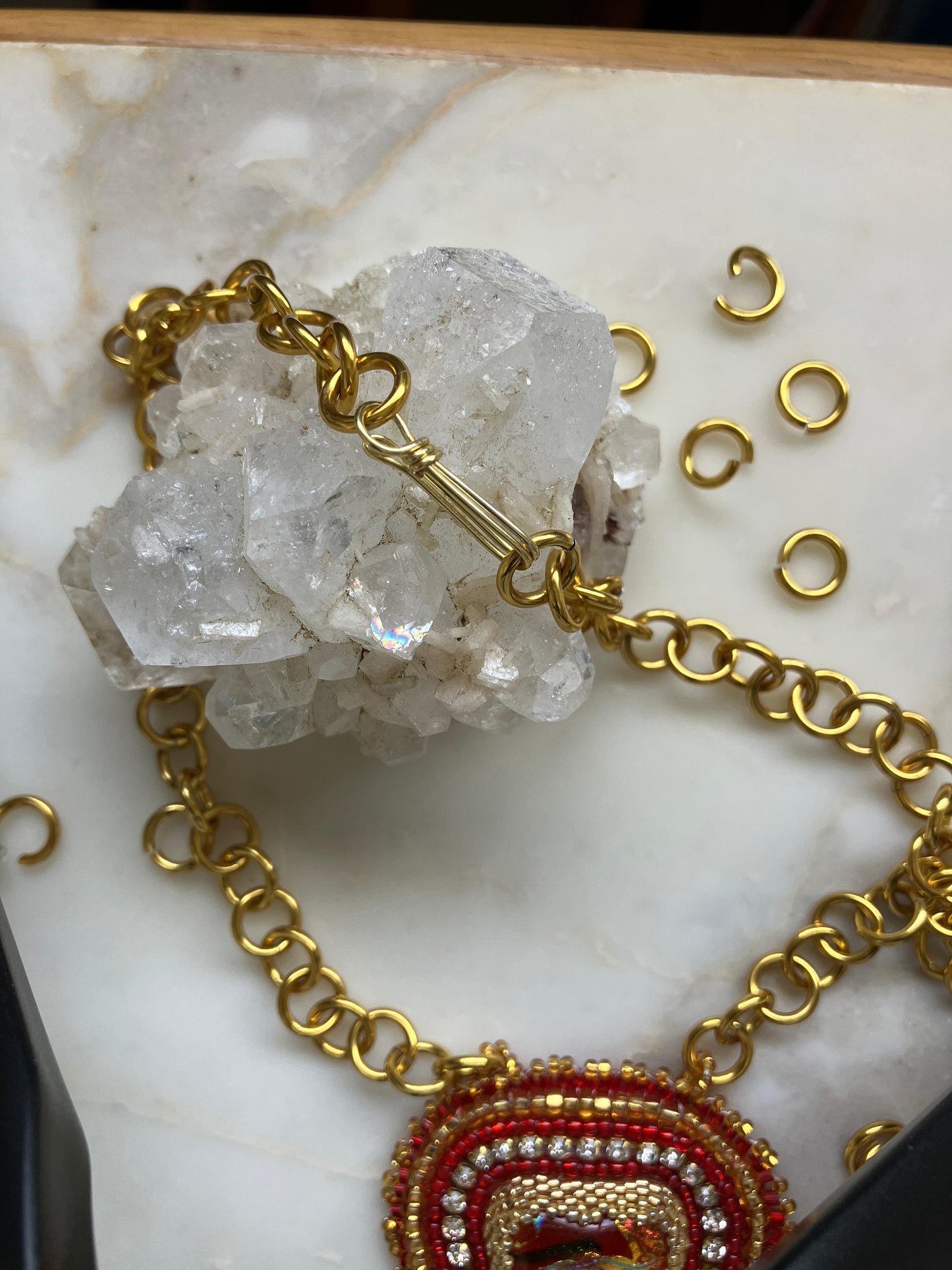 Red and Gold Necklace with Cup Chain and Ball Pendant