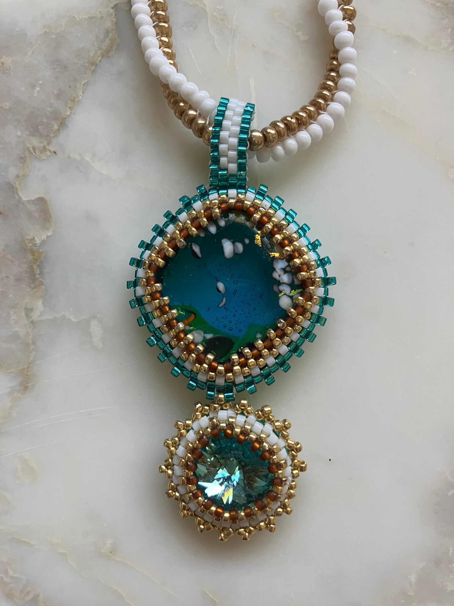 Aqua Rivoli and Cabochon with White and Gold Pendant