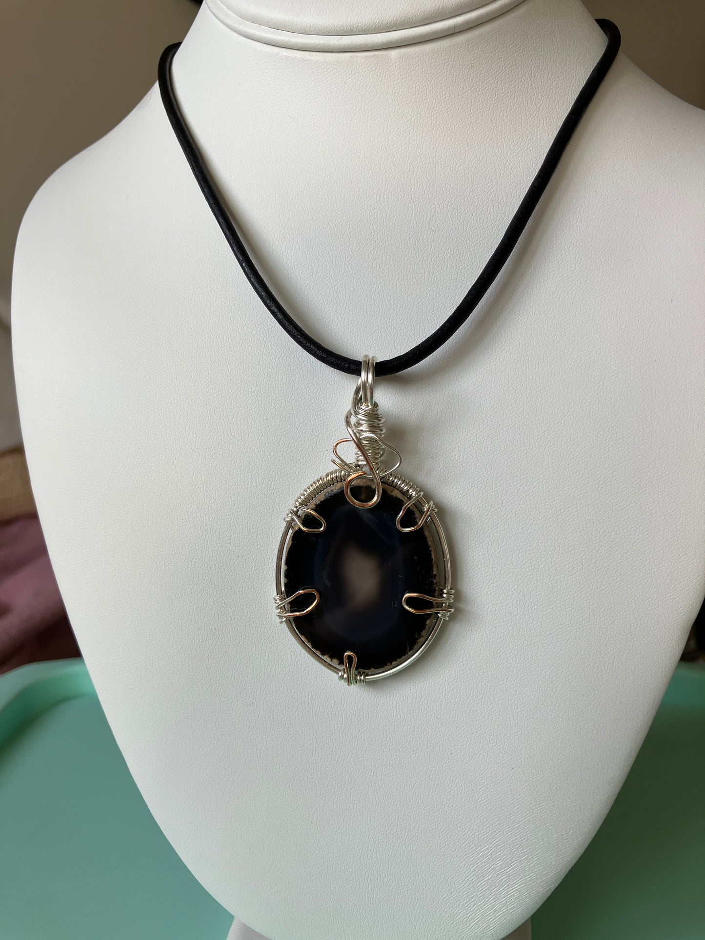 Wire-Wrapped Brazilian Agate on Leather Cord