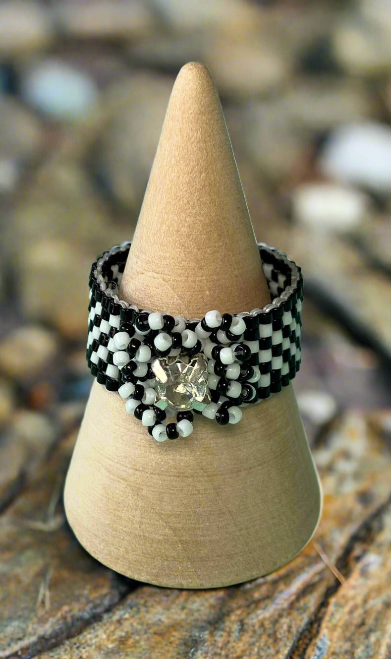 Black and White Checker Board Ring with Crystal