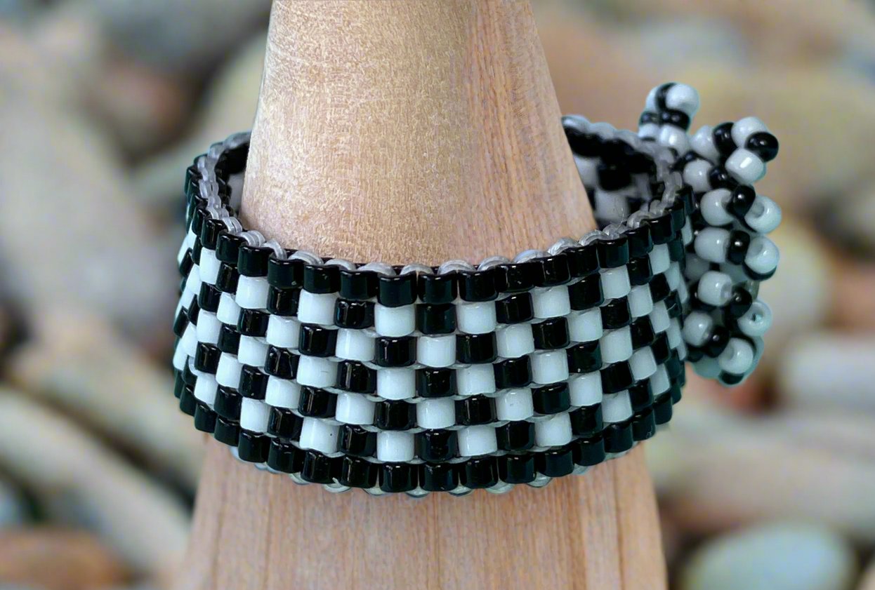 Black and White Checker Board Ring with Crystal