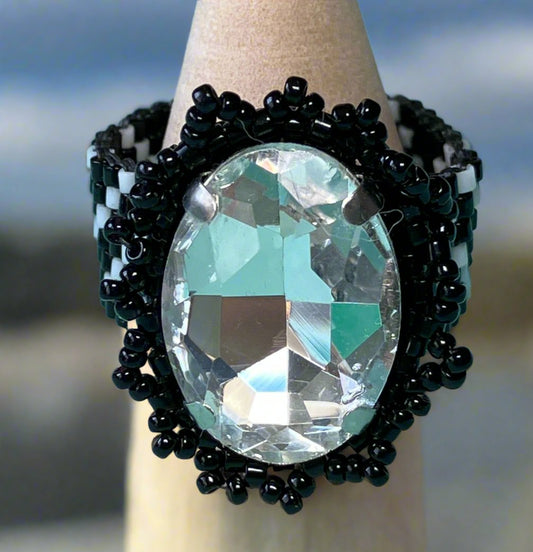 Black and White Zig Zag Ring with Large Crystal