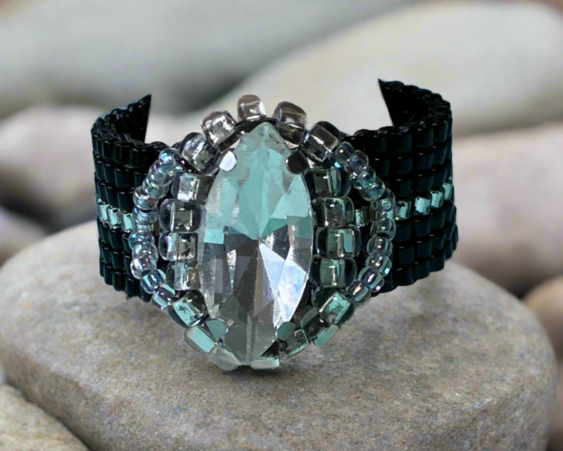 Black and Silver Ring with Marquise Crystal