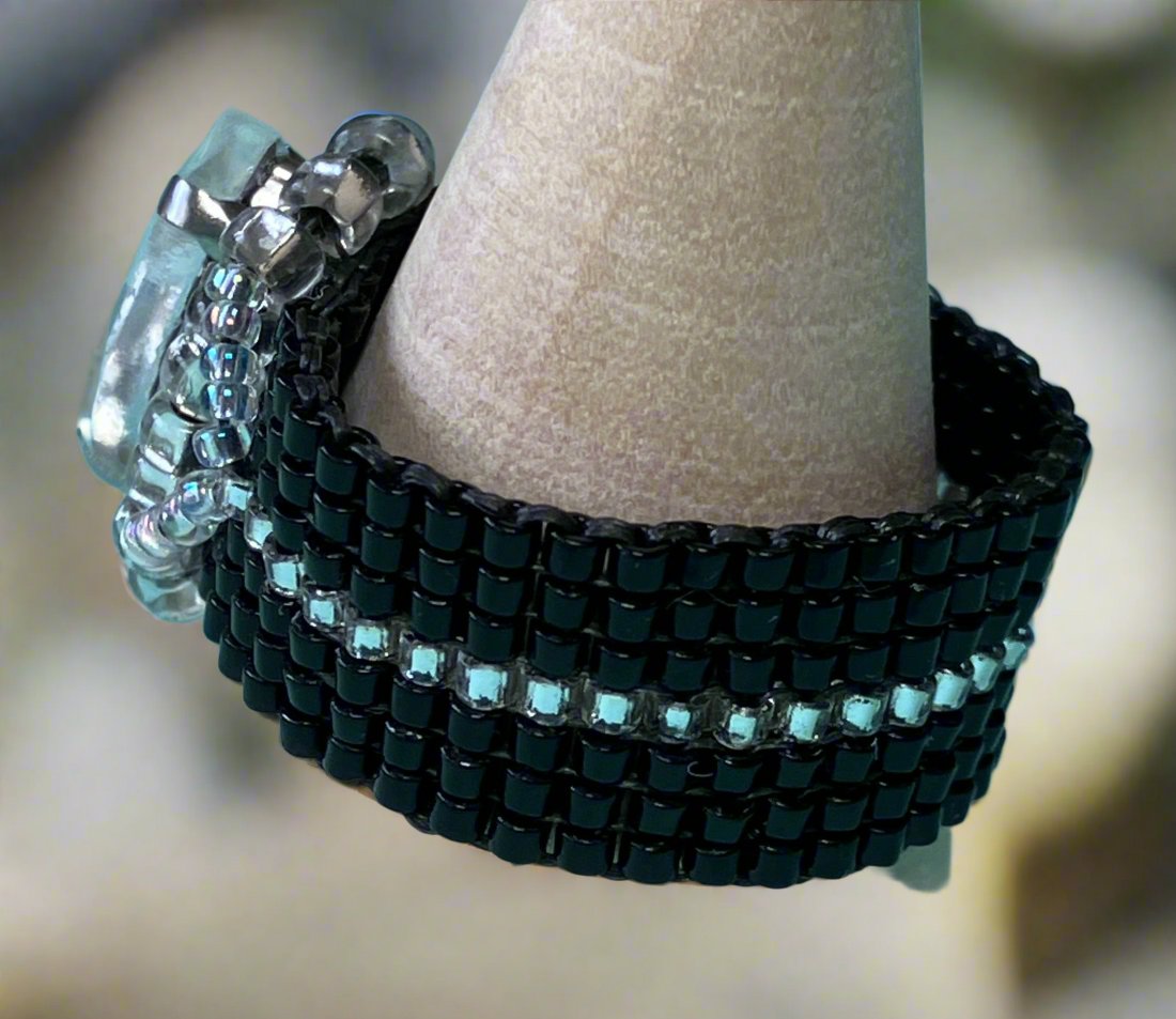 Black and Silver Ring with Marquise Crystal