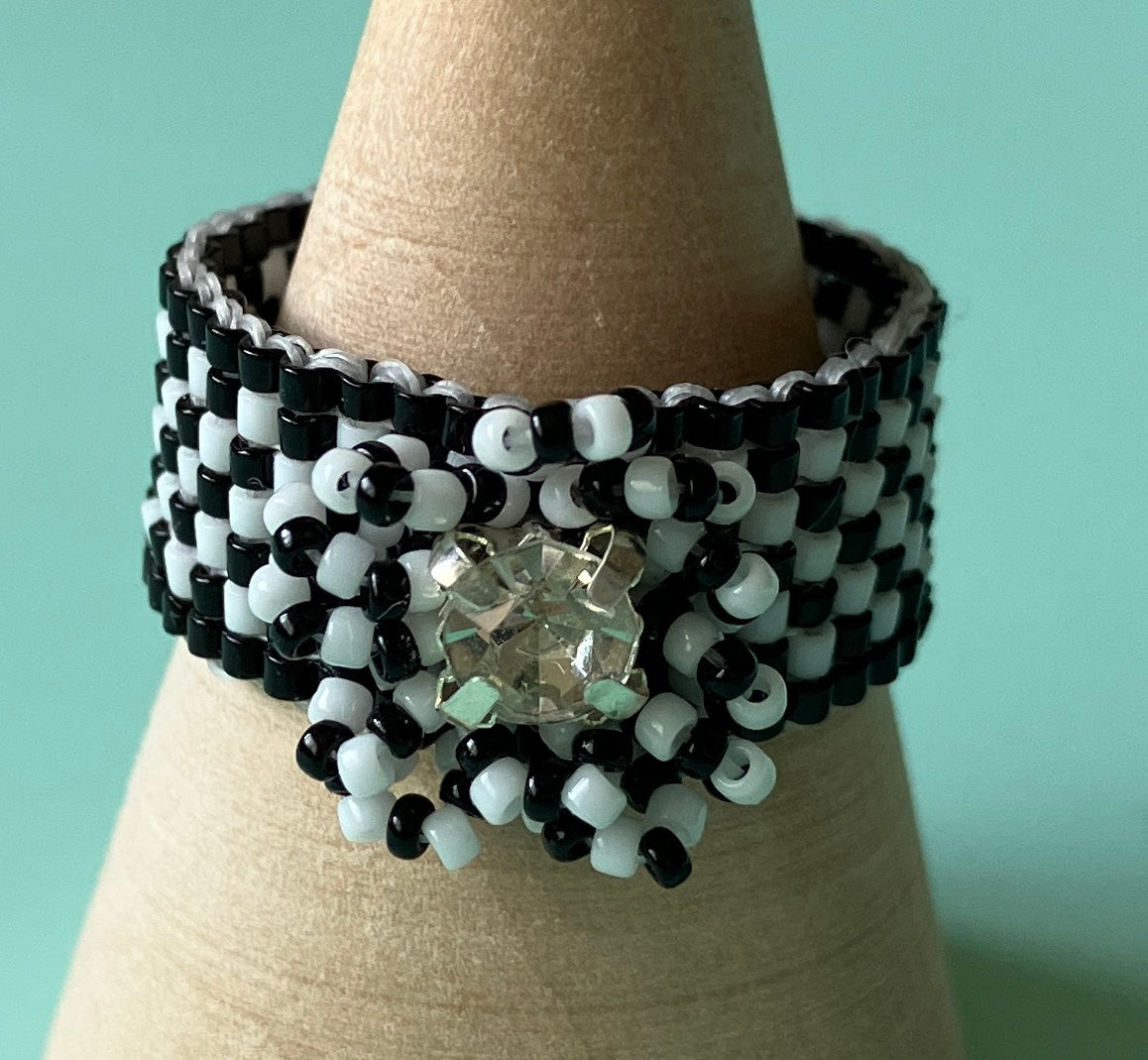 Black and White Checker Board Ring with Crystal