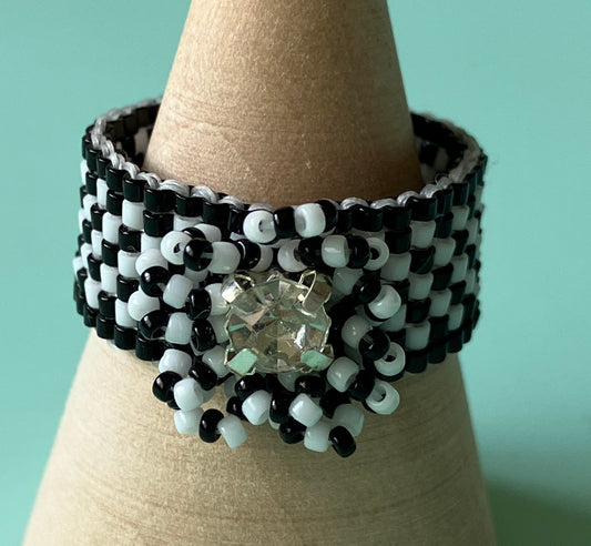 Black and White Checker Board Ring with Crystal
