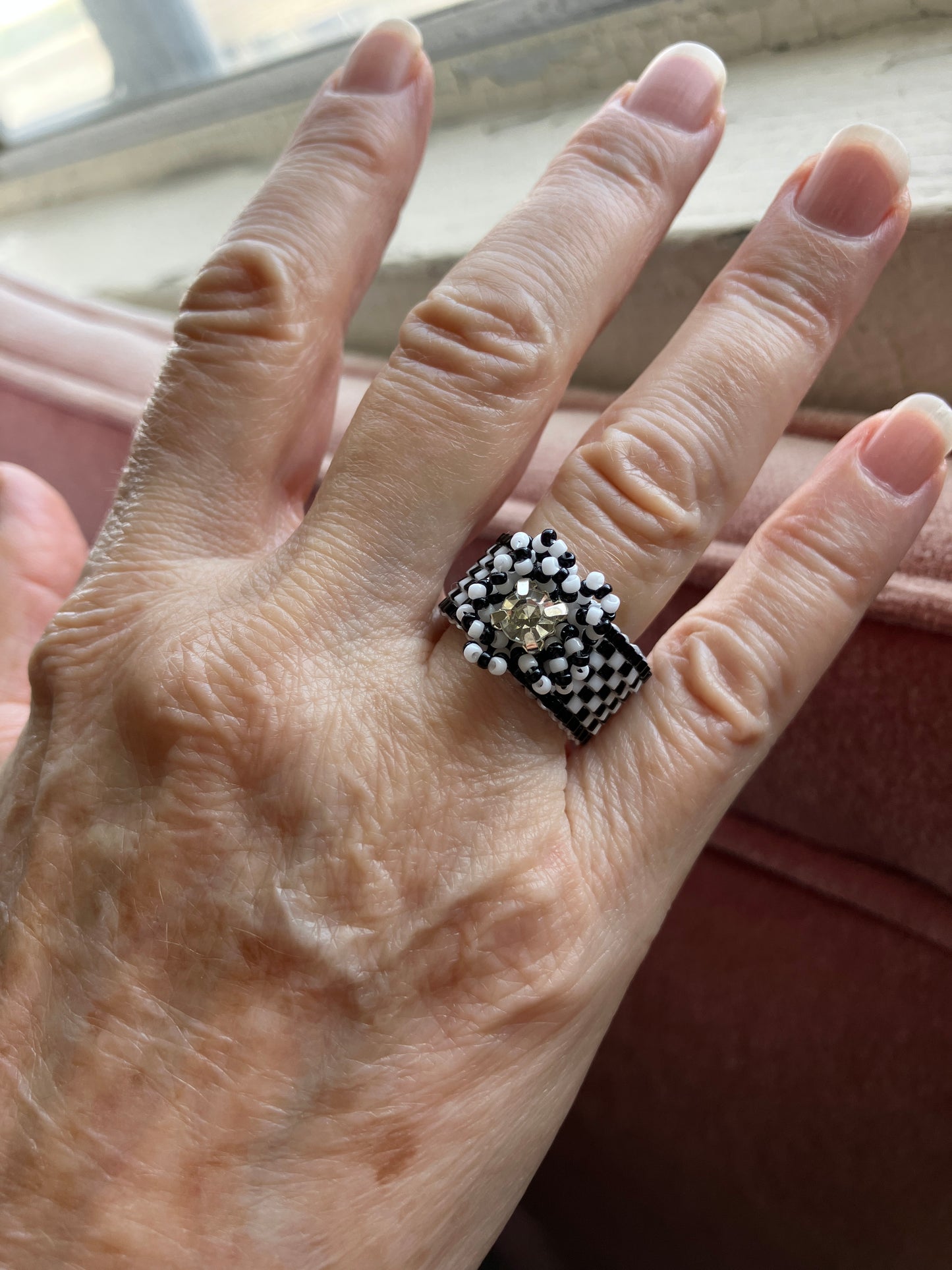 Black and White Checker Board Ring with Crystal