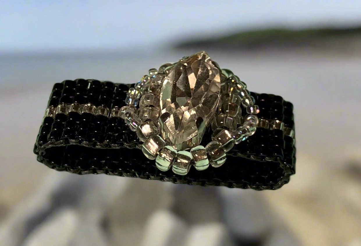 Black and Silver Ring with Marquise Crystal
