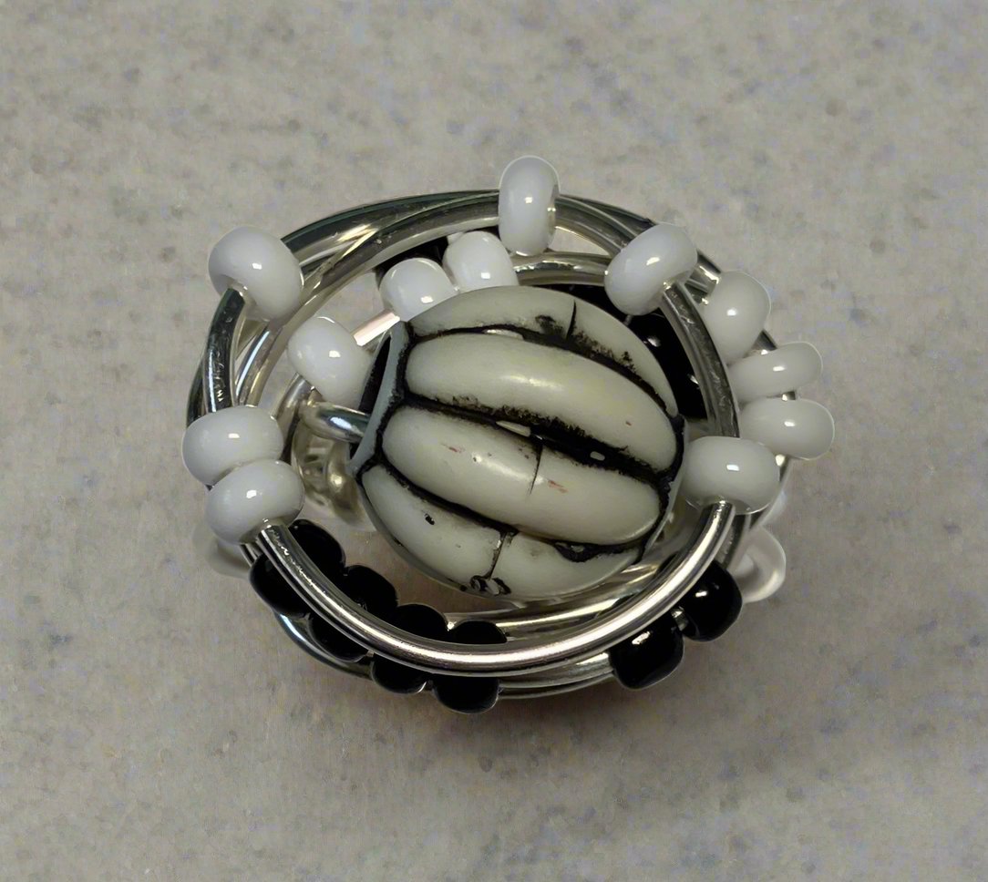 Whimsey Black and White Ring with Seed Beads