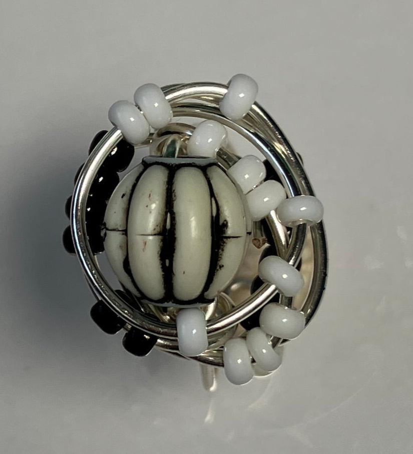 Whimsey Black and White Ring with Seed Beads