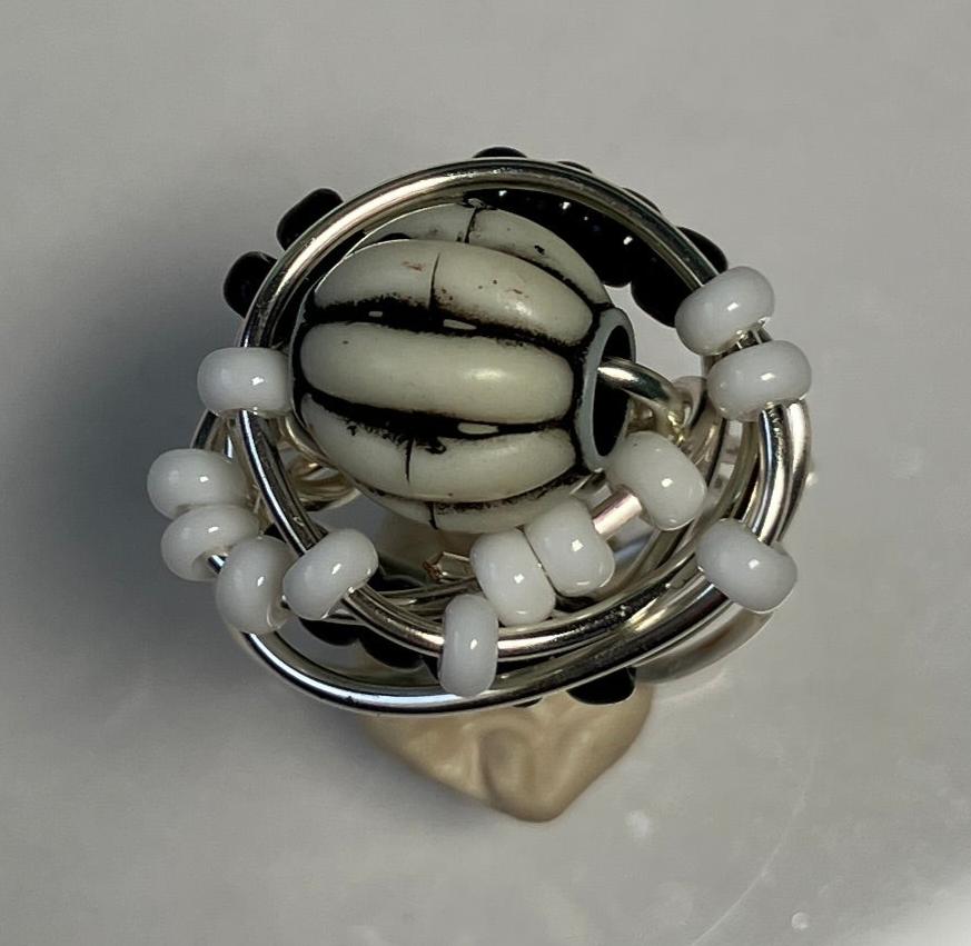 Whimsey Black and White Ring with Seed Beads