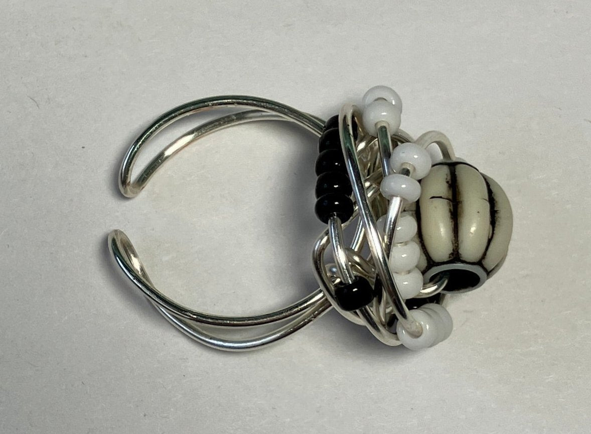 Whimsey Black and White Ring with Seed Beads