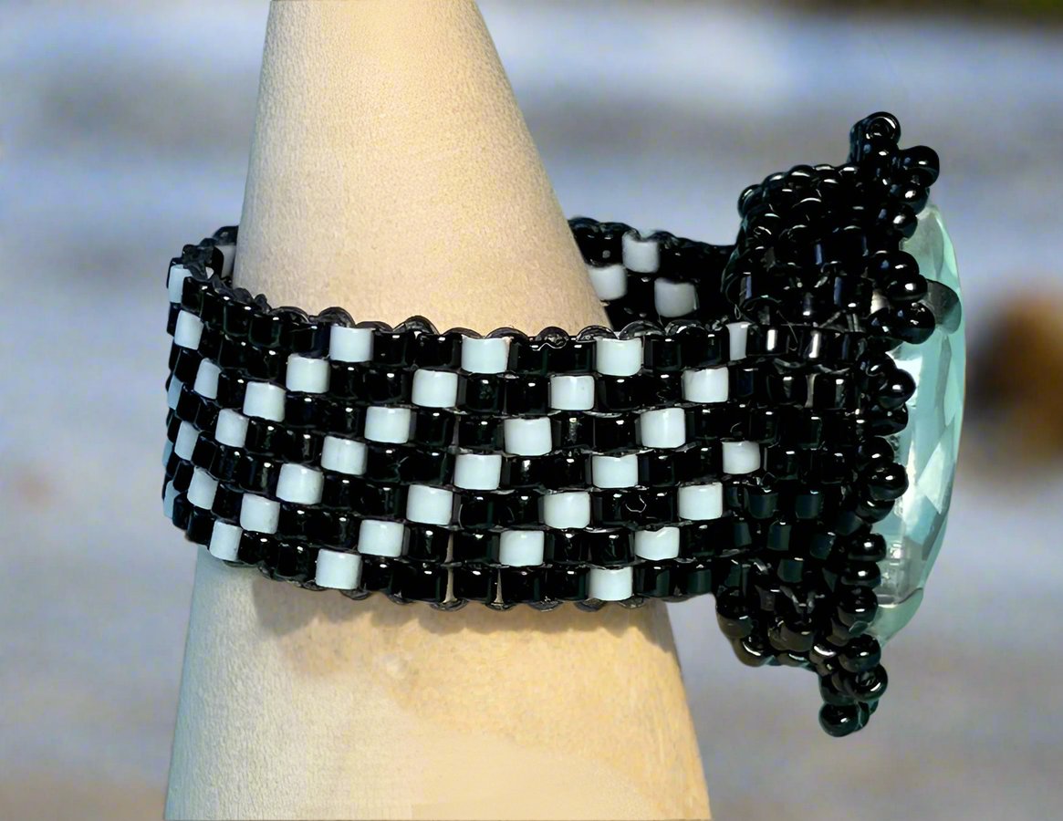 Black and White Zig Zag Ring with Large Crystal