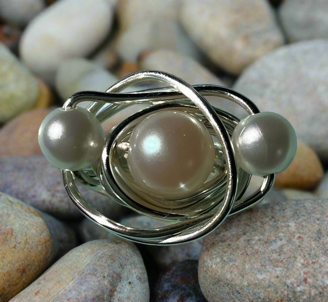 Triple Faux White Pearl Ring