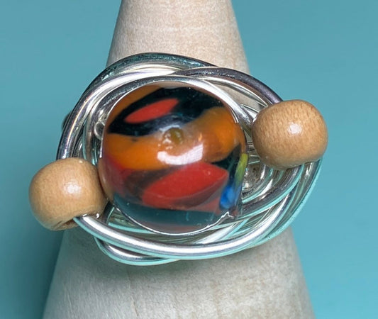Brown, Orange, Red and Black Glass Bead with Wooden Beads Ring