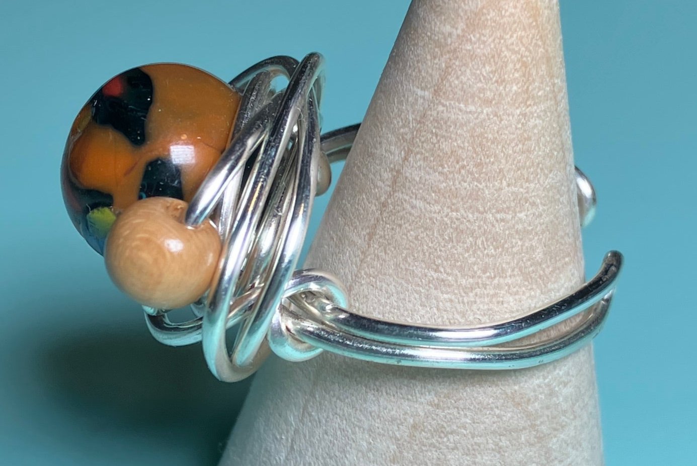 Brown, Orange, Red and Black Glass Bead with Wooden Beads Ring