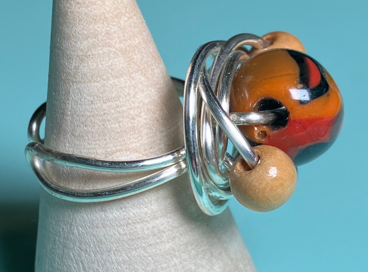 Brown, Orange, Red and Black Glass Bead with Wooden Beads Ring