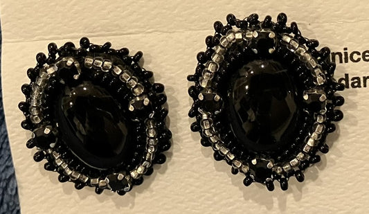 Black and silver Onyx Cabochon Post Earrings