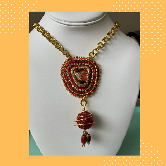 Red and Gold Necklace with Cup Chain and Ball Pendant